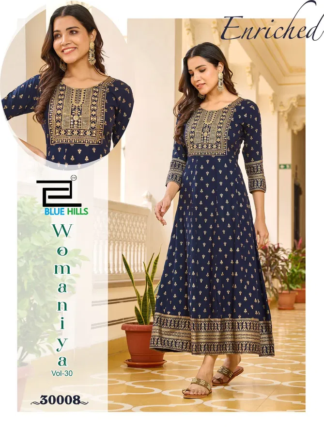 Womaniya Vol 30 By Blue Hills Rayon Printed Anarakali Long Kurti Orders In India